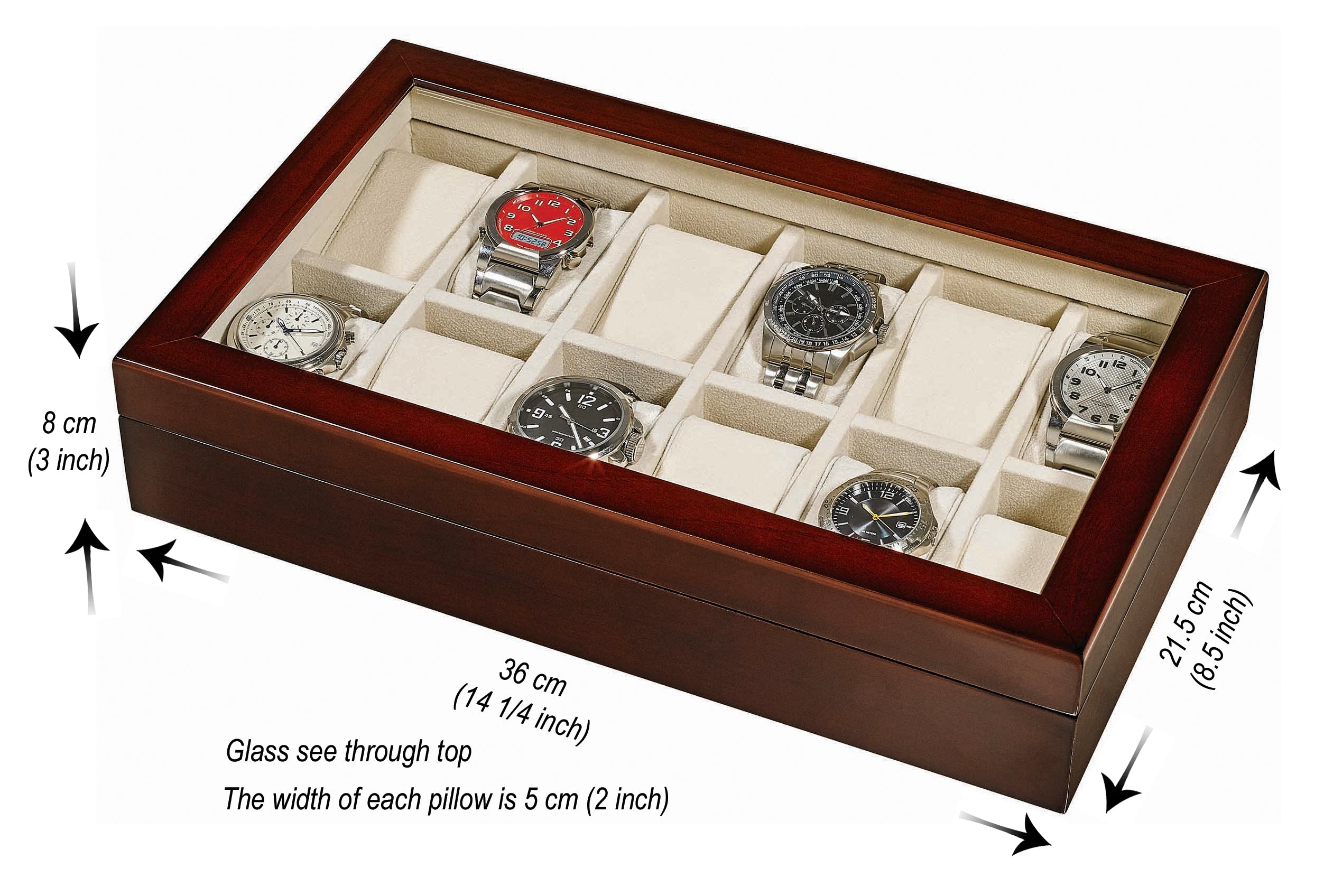 ALPINE International Wooden Watch Box With Glass Window (Hold 12 Watches)